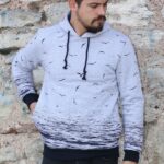 Üç İplik Kapşonlu Martı Desenli Erkek Günlük Sweatshirt