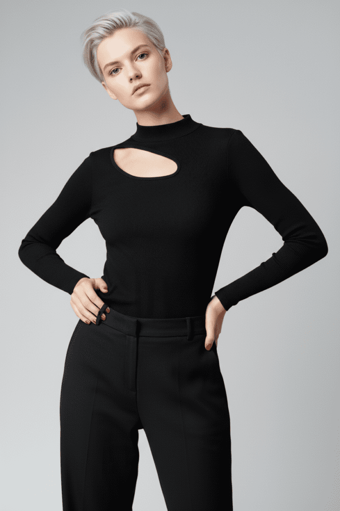 Balıkçı Yaka Kaşkorse Cut Out Detaylı Bluz - Siyah