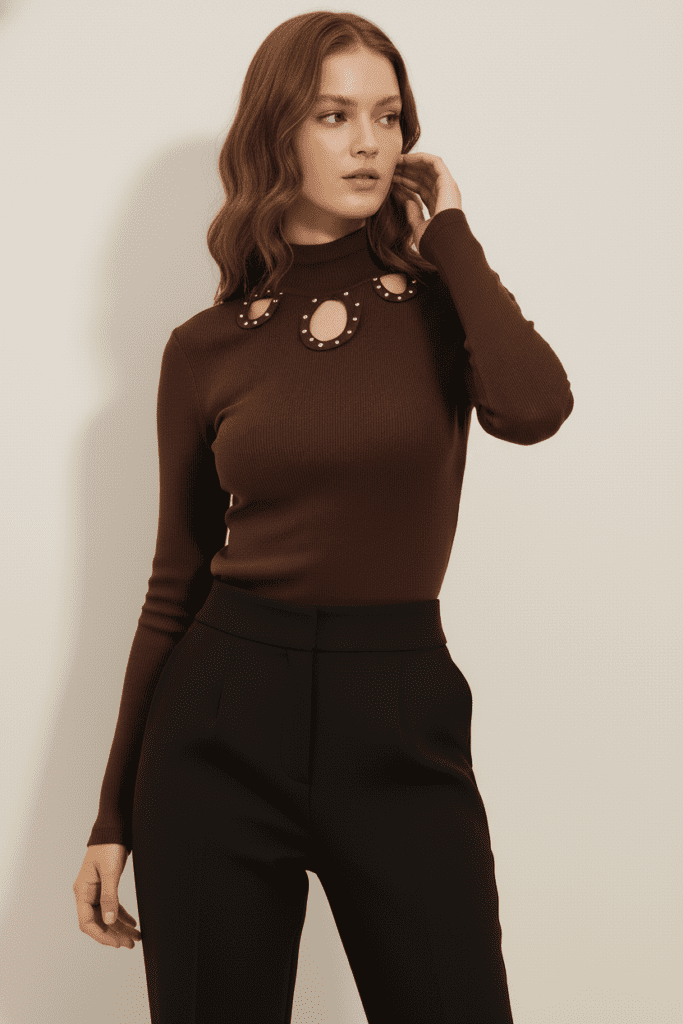 Kaşkorse Taş Detaylı Cut Out Balıkçı Yaka Bluz - Kahverengi
