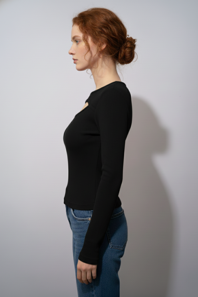 Balıkçı Yaka Cut Out Kesimli Fitilli Kaşkorse Bluz – Siyah