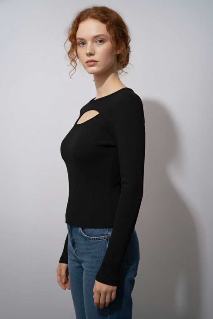 Balıkçı Yaka Cut Out Kesimli Fitilli Kaşkorse Bluz – Siyah