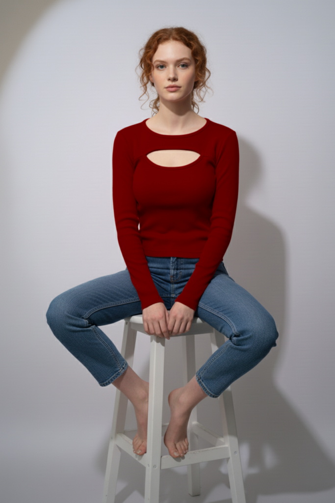 Balıkçı Yaka Cut Out Kesimli Fitilli Kaşkorse Bluz – Kırmızı