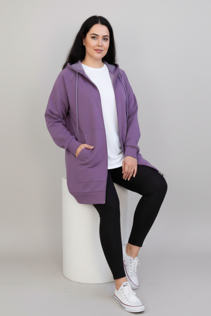 Kadın Mor Oversize Kapüşonlu Fermuarlı İki İplik Uzun Hırka