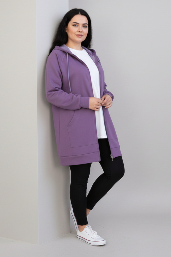 Kadın Mor Oversize Kapüşonlu Fermuarlı İki İplik Uzun Hırka