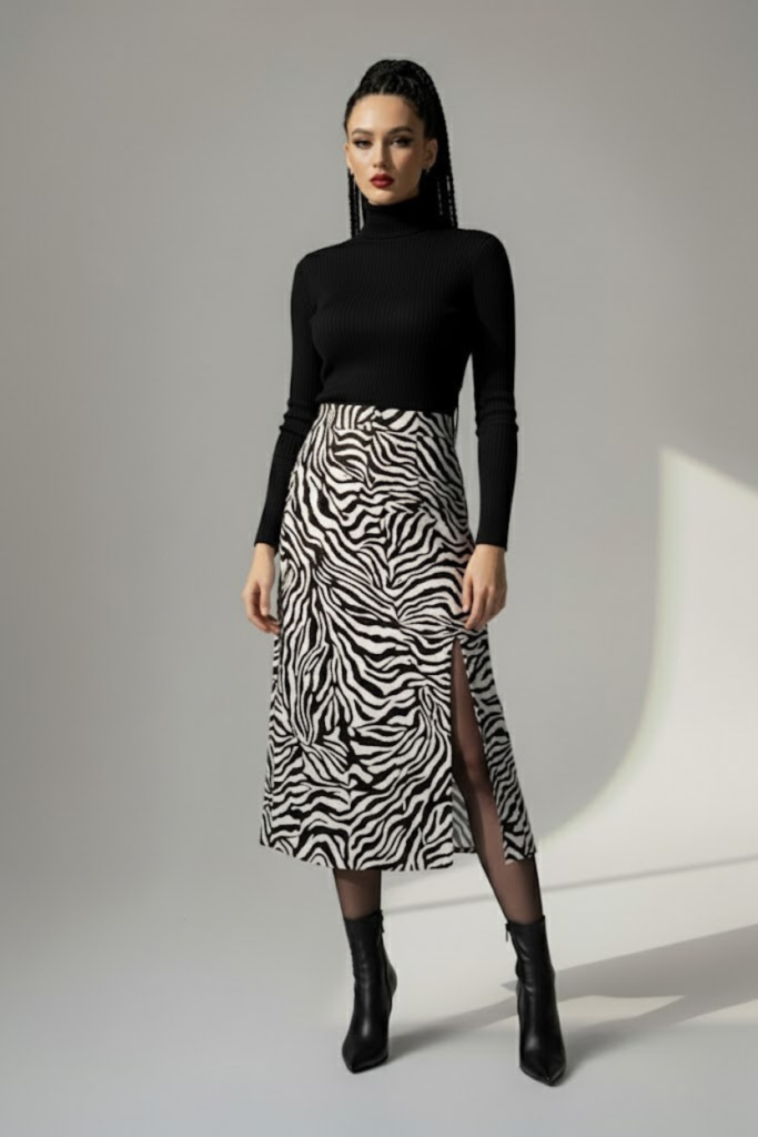 Kadın Zebra Desen Midi Boy Etek