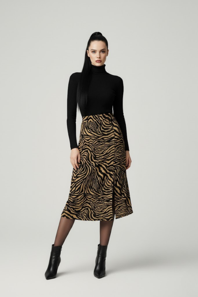Kadın Yırtmaçlı Kahverengi Zebra Desen Midi Boy Etek
