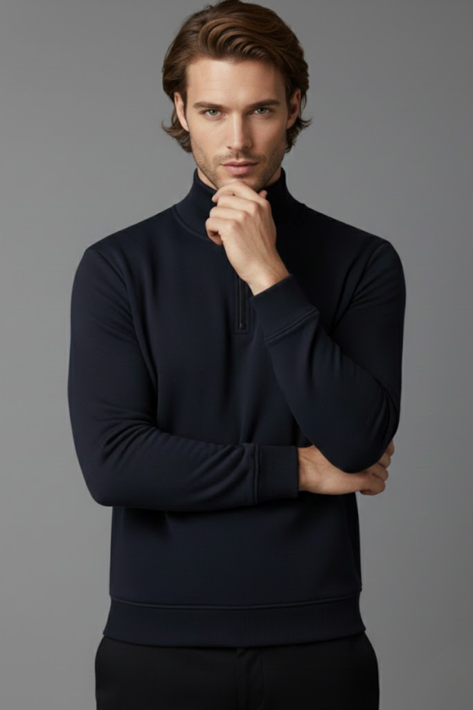 Unisex Kışlık Lacivert Yarım Fermuarlı Dik Yaka 2 İplik Basic Sweatshirt