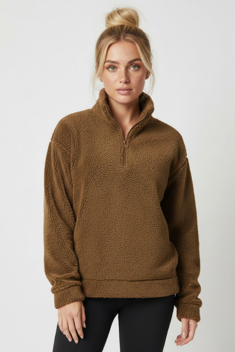 Kadın Kahverengi Yarım Fermuarlı Peluş Polar Sweatshirt – Kışlık Yumuşak Sıcak Tutan Kazak
