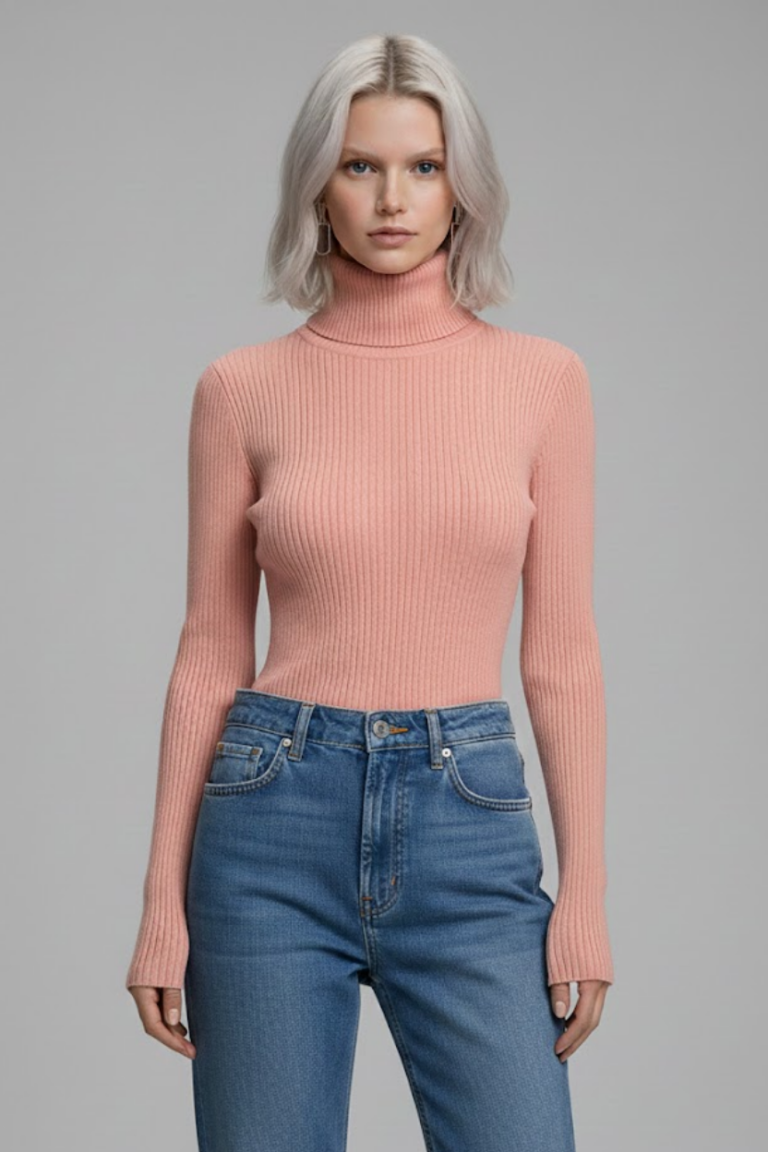 Kadın Pudra Pembe Tam Boğazlı Fitilli Triko Kazak – Yumuşak Dokulu Kışlık Slim Fit Örme Bluz
